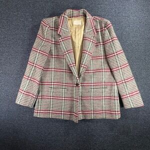 Vintage 80s Pendleton Blazer Womens 16 100% Virgin Wool Red Windowpane Plaid USA